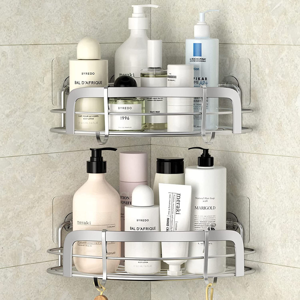 Orimade Adhesive Shower Caddy Shelf with 5 Hooks Organizer Storage Rack  Rustproof Wall Mounted Stainless Steel No Drilling for Bathroom, Toilet