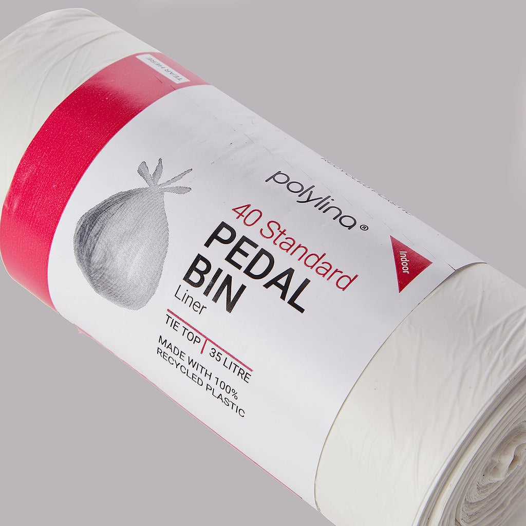 Polylina 40 Tough Durable Tie Top Pedal Bin Liners, Recycled Plastic