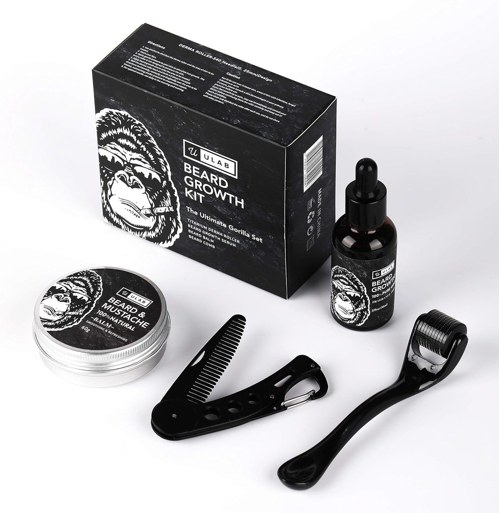 uLab Ultimate Gorilla Beard Growth Kit with Derma Roller, Beard Oil, B