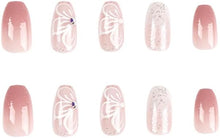 Clataly 24 PCS Lovely Rabbit Coffin Fake Nail Pink Gradual Flash Press on Nails Medium Long Ballet Artificial False Nails for Women Girls (C)