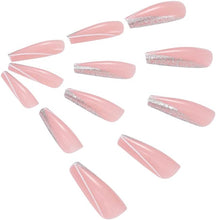 Brishow Coffin False Nails Pink Long Fake Nails French Glitter Press on Nails Ballerina Acrylic Stick on Nails 24pcs for Women and Girls (a)