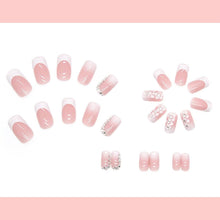 24Pcs French False Nails White Tip - Medium Square Fake Nails French Tip Press on Nails, Pink Full Cover False Nails with Rhinestones & Flowers Designs for Women Girls (Flower Design)