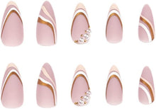 Almond Fake Nails 24 PCS Matte Pink Press on Nails French Tips Nails with White Pearls & Gold Line Design Full Cover Cute Nails Women and Teen Girls