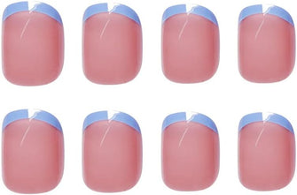 French False Nails, 24 Pcs Blue French Tip Light Purple Press on Nails Short Coffin Fake Nails Full Cover Stick on Nails Acrylic Nails for Women and Girls with Glue Stickers