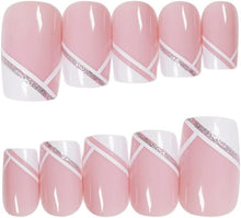 Glossy False Coffin Shape Ballerina Short False Nail Simple Oblique French Nude and White Match Fake Nail 24Pcs Acrylic Press On Nail Tips For Women and Girls (SOblique004)