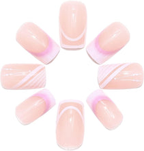 Handcess Square French False Nails Medium White Pink Press on Nails Wavy Lines Acrylic Fake Nails Coffin Stick on Nail 24Pcs for Women and Girls