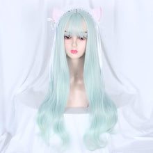 Mcoser Long Wavy Green Wigs with Bangs Long Wavy Curly Wigs for Women Synthetic Hair Heat Resistant Fiber Wig Harajuku Style Cosplay Wig Costume Party Halloween Daily Use (Light Green)