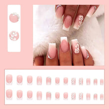 24Pcs French False Nails White Tip - Medium Square Fake Nails French Tip Press on Nails, Pink Full Cover False Nails with Rhinestones & Flowers Designs for Women Girls (Flower Design)