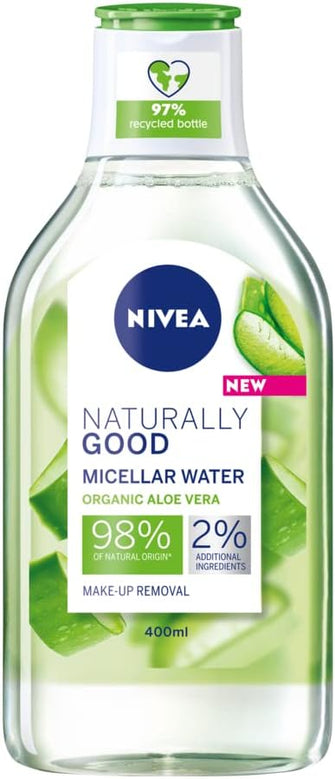 NIVEA Naturally Good Micellar Water (400ml), Natural Micellar Cleansing Water with Aloe Vera Fragrance, Purifying Makeup Remover, Soothing Face Wash, 99% Natural