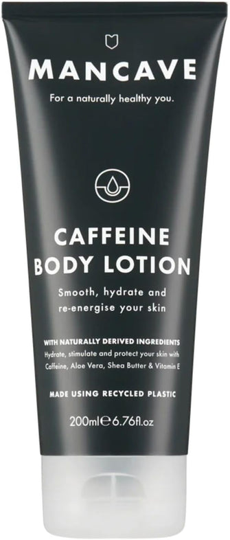 ManCave Caffeine Body Lotion 200ml for Men, Revives Dry and Dull Skin with Caffeine, Shea Butter and Olive Oil, Natural Formulation, Dermatologically Tested, Vegan Friendly, Made in England