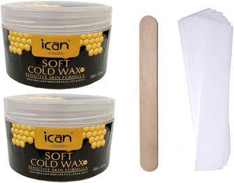 ican London Honey Soft Cold Wax Kit For Hair Removing Face, Legs & Body Hair 2 x 500ml With Free 50 Wax Strips & 1 spatula