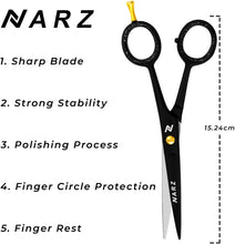 NARZ Professional Hairdressing scissors for Barbers & Hairdressers 6" Stainless Steel Hair Cutting Scissors for Men & Women (Black) (Royal Black)