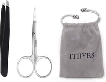 Ithyes Complete Tweezer Set 2 PCS Slant Tip Tweezer Stainless Steel Tweezers Eyebrow Trimmer Scissor for Shape Precision Ingrown Hair Nose Hair Blackhead Tick Remover,Black