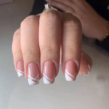 Glossy False Coffin Shape Ballerina Short False Nail Simple Oblique French Nude and White Match Fake Nail 24Pcs Acrylic Press On Nail Tips For Women and Girls (SOblique004)