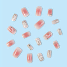 Moon Press on Nails 24 PCS Pink Glossy Fake Nails Rhinestones Fake Nails Glitter Fake Nails Medium Length Fake Nails Square Fake Nails Full cover Fake Nails for Women and Girls Nail Art