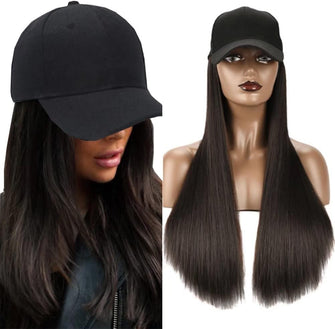 iLUU Baseball Cap With Synthetic Hair Natural Hair Extensions With Attached Black Hat With 24inch Long Straight Smooth Hair Extensions For Women Daily Party Use - Black Brown 60cm Hairpiece