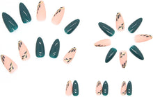 NICENEEDED 24 PCS Dark Green Press on Nails, Medium Almond Dark Green Leaf Fake Nails, Nude Sweet Fashion Nail Tips Reusable Acrylic Nails for Women Girls Finger Manicure Decorations