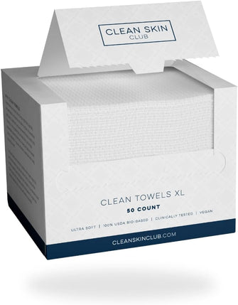 Clean Skin Club Clean Towels, 100% USDA Biobased Dermatologist Approved Face Towel, Disposable Clinically Tested Face Towelette, Facial Washcloth, Makeup Remover Dry Wipes, Ultra Soft, 50 ct, 1 pack