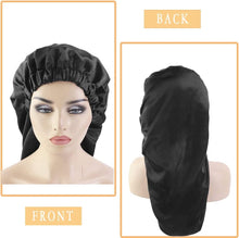 LARDROK Long Satin Sleep Cap for Women,Large Satin Bonnet,Silk Hair Bonnet with Button for Long Curly HairBlack