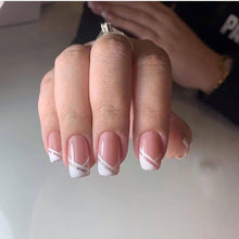 Glossy False Coffin Shape Ballerina Short False Nail Simple Oblique French Nude and White Match Fake Nail 24Pcs Acrylic Press On Nail Tips For Women and Girls (SOblique004)