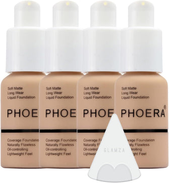 Glamza Phoera Foundation Full Coverage Makeup Set - 24hr Long Lasting Oil Control - Soft Smooth Matte Flawless Concealer Cream - Inc x4 30ml Foundation & Silicone Blender Sponge (104 Buff Beige)