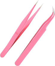 Lash Tweezers, Pack of 2 Stainless Steel Tweezers for Eyelash Extensions  Straight and Curved Tip Eyelash Tweezers  False Lash Application Tools (Pack of 2, Pink)