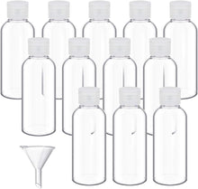 DECARETA 12 Pack Plastic Travel Bottle 50 ml Clear Holiday Bottle with 1pcs Funnel Toiletries Liquid Containers for Airport,Office,Camping