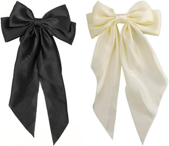 2 Pcs Solid Color Bowknot Hairpin Big Bow Hair Clips Bows Girls Hair Clips French Barrette with Long Silky Satin Tail for Women Girls