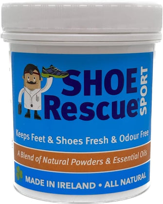 Foot and shoe powder 100g - Odour remover and eliminator - Developed by a registered podiatrist Shoe Rescue is a 100% natural deodorant remedy to eliminate smelly shoes and feet - Keeps feet fresh