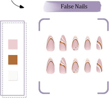 Almond Fake Nails 24 PCS Matte Pink Press on Nails French Tips Nails with White Pearls & Gold Line Design Full Cover Cute Nails Women and Teen Girls