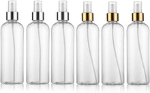 KIPETTO 6Pcs Clear Fine Mist Spray Bottles with Gold and Silver Trim Atomizers Dust Caps, BPA Free PET Plastic Empty Travel Containers for Aromatherapy, Facial Spray, Hair Styling, 100ml