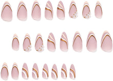 Almond Fake Nails 24 PCS Matte Pink Press on Nails French Tips Nails with White Pearls & Gold Line Design Full Cover Cute Nails Women and Teen Girls