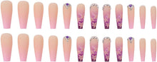 Bramian 24pcs Gradient Flowers Purple Rhinestones Coffin Sequins Ballerina Press on Nails Pink Long Glossy False Nail Full Cover Fake Nails Stick on Nails for Women and Girls