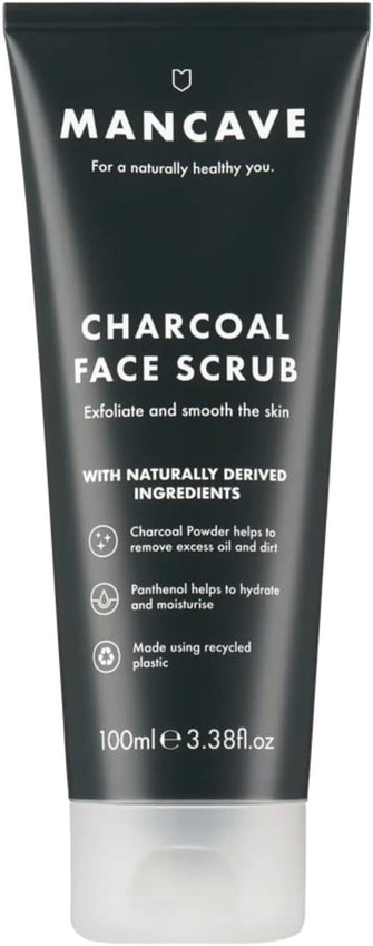 ManCave Charcoal Face Scrub 100ml for Men, Exfoliate & Smooth Skin, Dermatlogically Tested, Natural Formulation, Vegan Friendly and Cruelty Free, Tube made from Recycled Plastics, Made in England