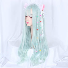Mcoser Long Wavy Green Wigs with Bangs Long Wavy Curly Wigs for Women Synthetic Hair Heat Resistant Fiber Wig Harajuku Style Cosplay Wig Costume Party Halloween Daily Use (Light Green)