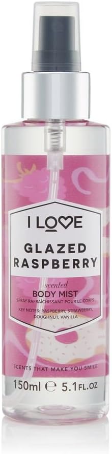 I Love Glazed Raspberry Scented Body Mist, Formulated With Natural Fruit Extracts Which Offer a Burst of Fragrance, FastDrying Refreshment Throughout the Day, VeganFriendly 150ml