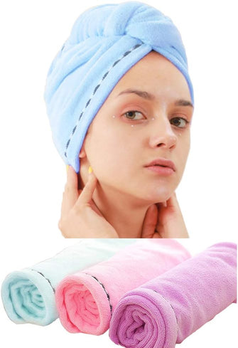 Laicky 3 Pack Microfiber Hair Towel Wrap Super Absorbent Bath Loop Fasten Salon Twist Turban Dry Hair Caps/ Hat with Buttons Pink Blue Purple