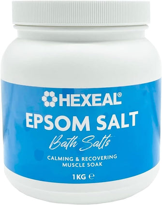 Hexeal Epsom Salt  1kg Tub  Food Grade (FCC)  Magnesium Sulphate  Bathing Epsom Salt Muscle Soak  Perfect for Calming and Recovering Your Muscles