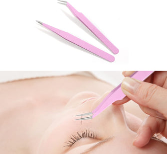 Lash Extension Tweezers, 2 PCS Pink Eyelash Tweezers for Extensions Tweezers Eyelash Extensions Tweezers for Facial Hair Women Stainless Steel Precision Tweezers for Ingrown Hair Tweezers