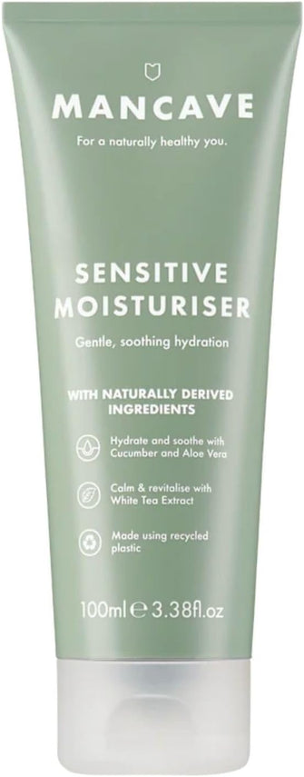 ManCave Sensitive Moisturiser 100ml for Men, Moisturise and nourish Skin with Aloe Vera & Shea Butter, Dermatologically Tested, Hydrating and Soothing properties, Natural Formulation, Vegan Friendly