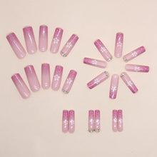 24 PCS Long Pink Press on Nails Gradient Rhinestone False Nails Glossy Ballerina Fake Nails with Flower Design Full Cover Nail Tips for Women and Girls Party