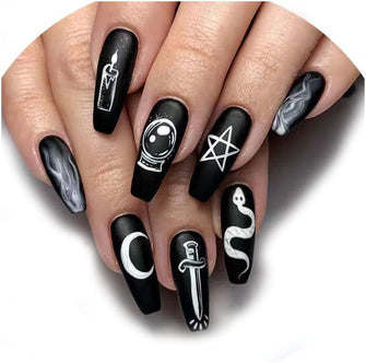 Neckon 24Pcs Coffin Press on Nails Black Star and Moon Fake Nails Long Snake False Nails Matte Acrylic Nail for Women and Girls