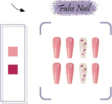 PinkButterflyFalseNail24PCSExtraLongGlossyCoffinBallerinaPressonNailFullCoverArtificialNailTipsforWomenandTeenGirls