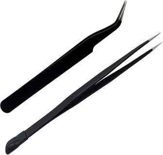 2 PCS Nail Art Tweezers, Straight and Curved Tip Tweezers Rhinestone Stickers Picker Pointed Tweezers for Craft, Makeup Tools - Black