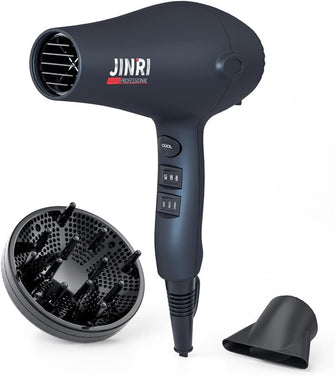 JINRI 1800W Professional Negative Ionic Hair Dryer, 3 Speeds 2 Heat Plus Cool Settings with Diffuser & Concentrator & AC Motor, Long Cord Blow Dryer, Travel Salon Home use, Gifts, Women&Men, Black