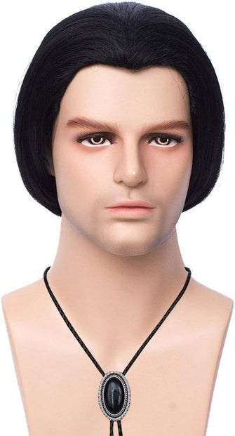 FVCENT Short Straight Black Vincent Vega Wig from Pulp Fiction Wigs with 1 Bolo Tie, Mens Short Black Straight Wig Halloween Costume Fancy Dress Wigs