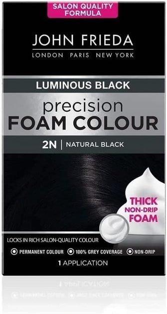 John Frieda Precision Foam Colour 2N, Luminous Natural Black, Salon-Finish Permanent Black Hair Dye, Black Hair Colour, 100% Grey Coverage