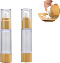 2Pcs 100ml/3.4oz Empty Plastic Airless Vacuum Pump Press Bottles Lotion Dispenser with Eco Bamboo Lid and Bottom Travel Makeup Cosmetic Containers Jar Vials for Emulsion Essence Serum