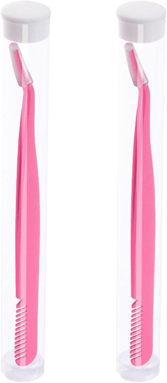 2pcs Eyelash Tweezers Set Stainless Steel Eyelash Extension Tweezers with Storage Box False Lash Application Tool for Girls Women Beginners Makeup Artists (Pink)