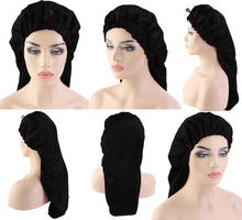 LARDROK Long Satin Sleep Cap for Women,Large Satin Bonnet,Silk Hair Bonnet with Button for Long Curly HairBlack